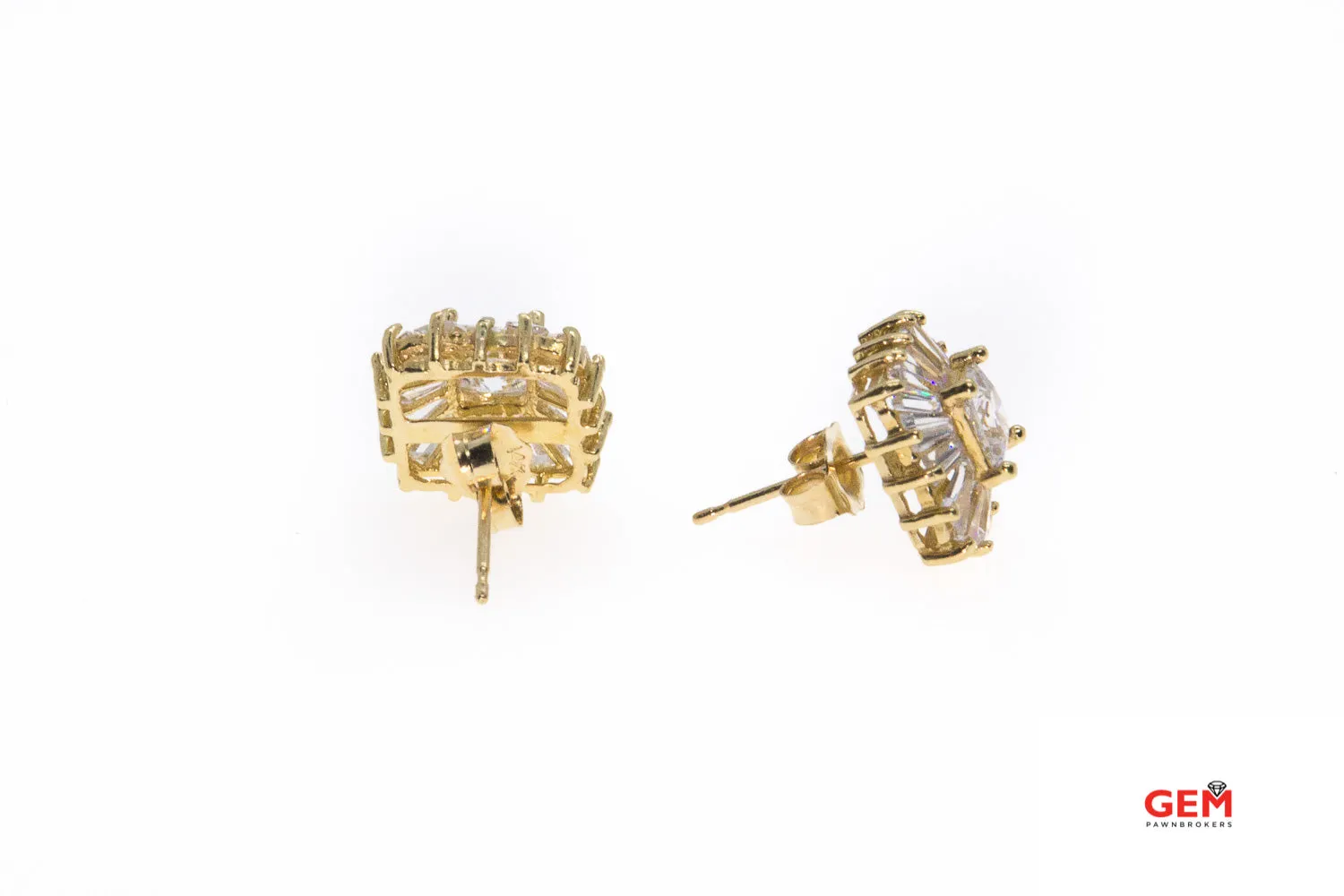 Cubic Zirconia Princess & Baguette Cluster Studs 14K 585 Yellow Gold Earrings