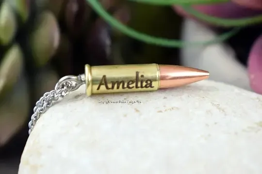 Custom 22 Rifle Real Fired Bullet Necklace, Free Engraving, Gabriola