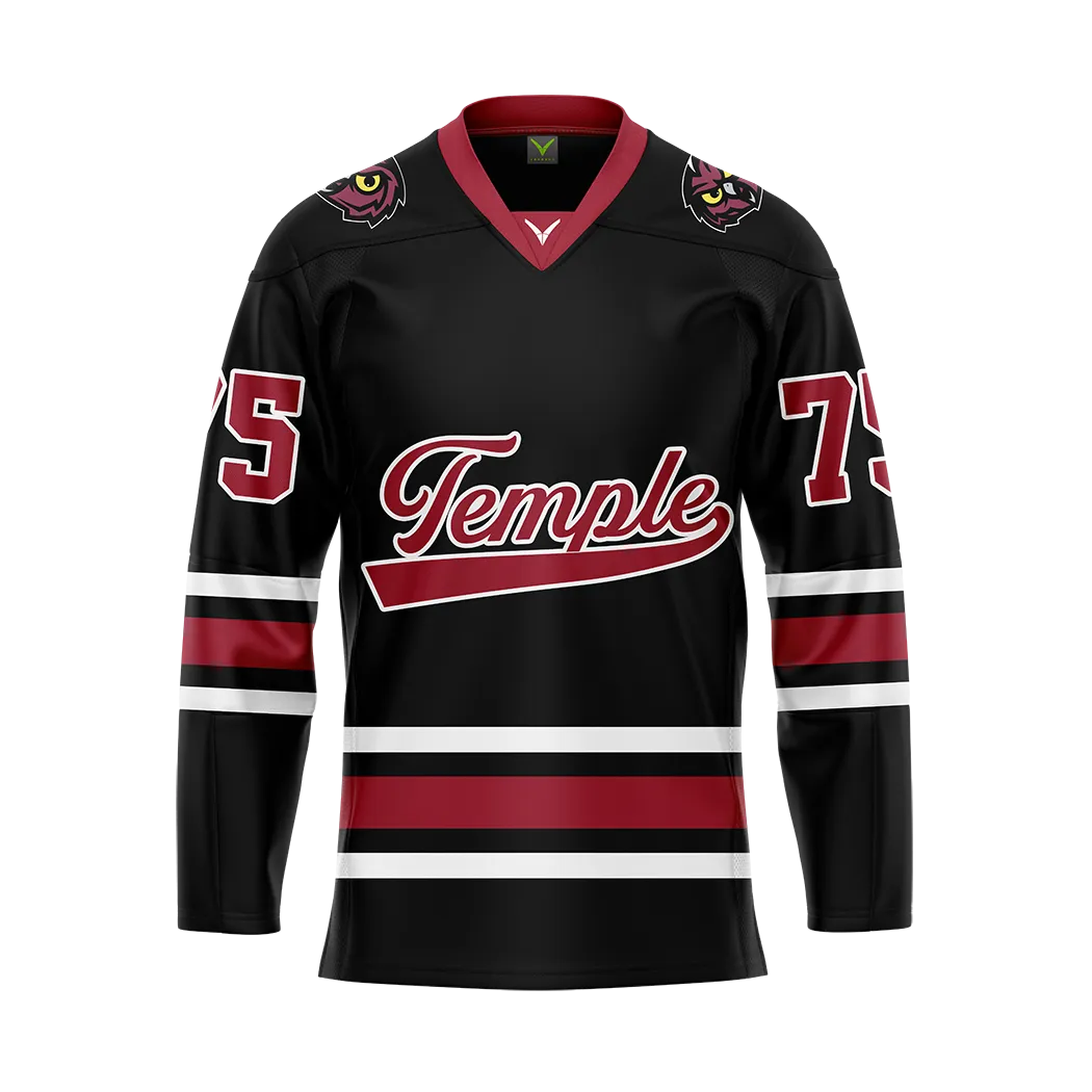 Custom Temple Ice Hockey Black Replica Sublimated Jersey