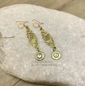 Dangle Bullet Earrings, 223 AR-15,  Peacock Swirl Design, Swarovski Crystals, Sterling Silver Ear Wires, , Silver or Gold Tone, Custom