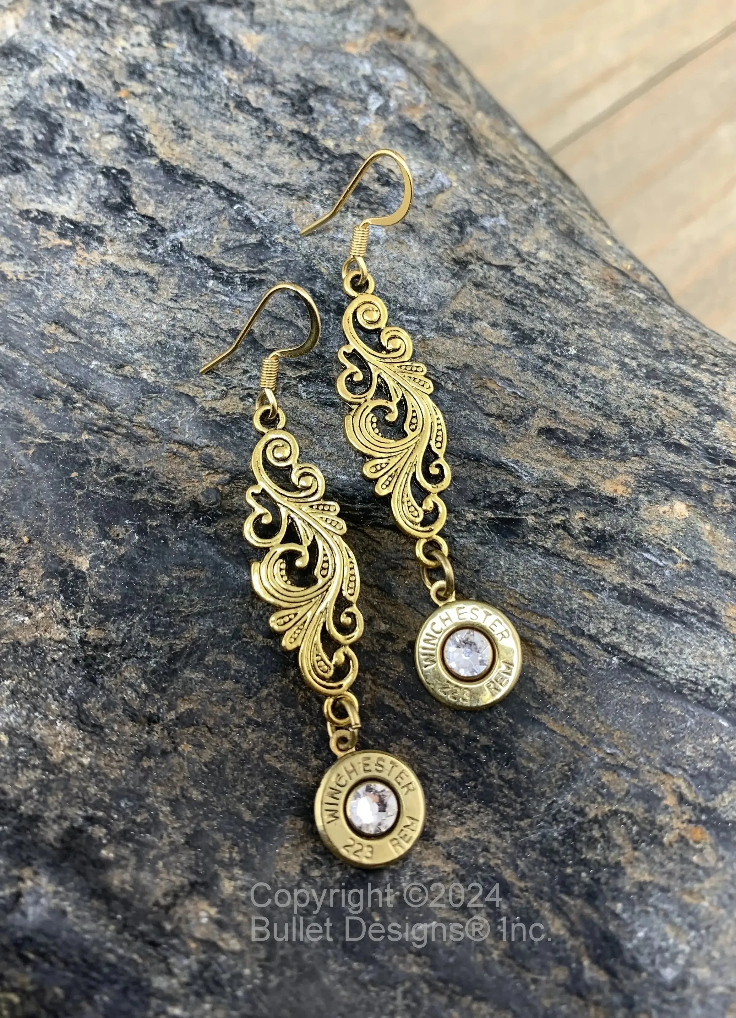 Dangle Bullet Earrings, 223 AR-15,  Peacock Swirl Design, Swarovski Crystals, Sterling Silver Ear Wires, , Silver or Gold Tone, Custom