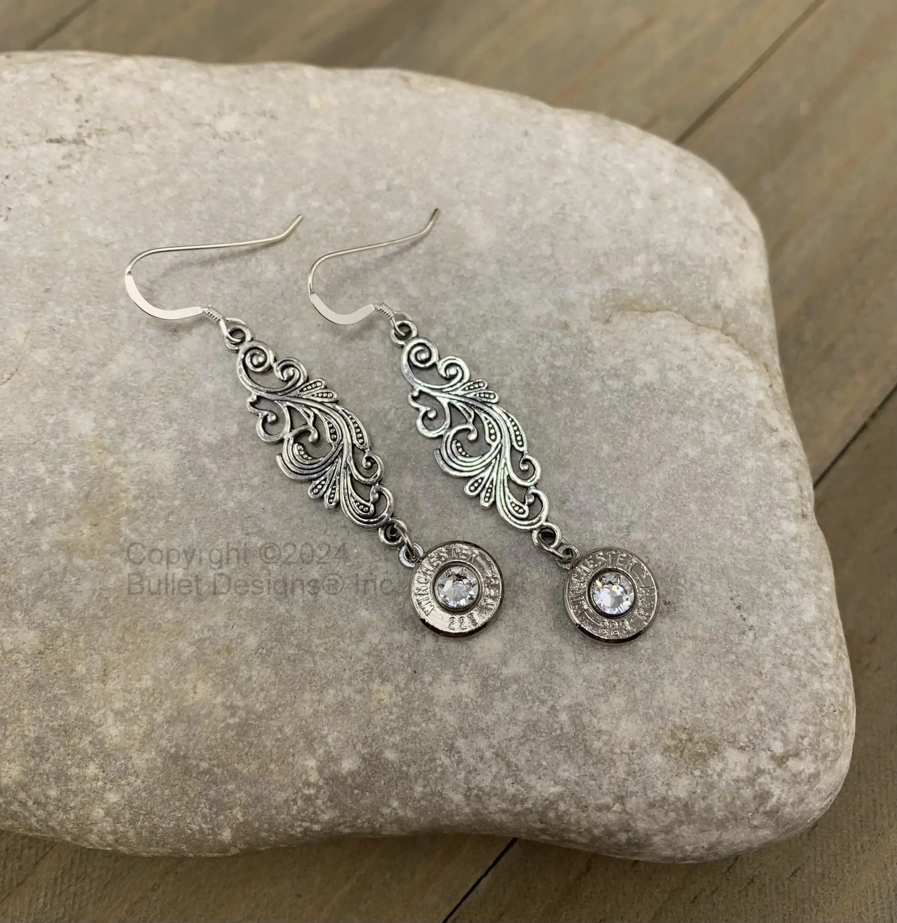 Dangle Bullet Earrings, 223 AR-15,  Peacock Swirl Design, Swarovski Crystals, Sterling Silver Ear Wires, , Silver or Gold Tone, Custom