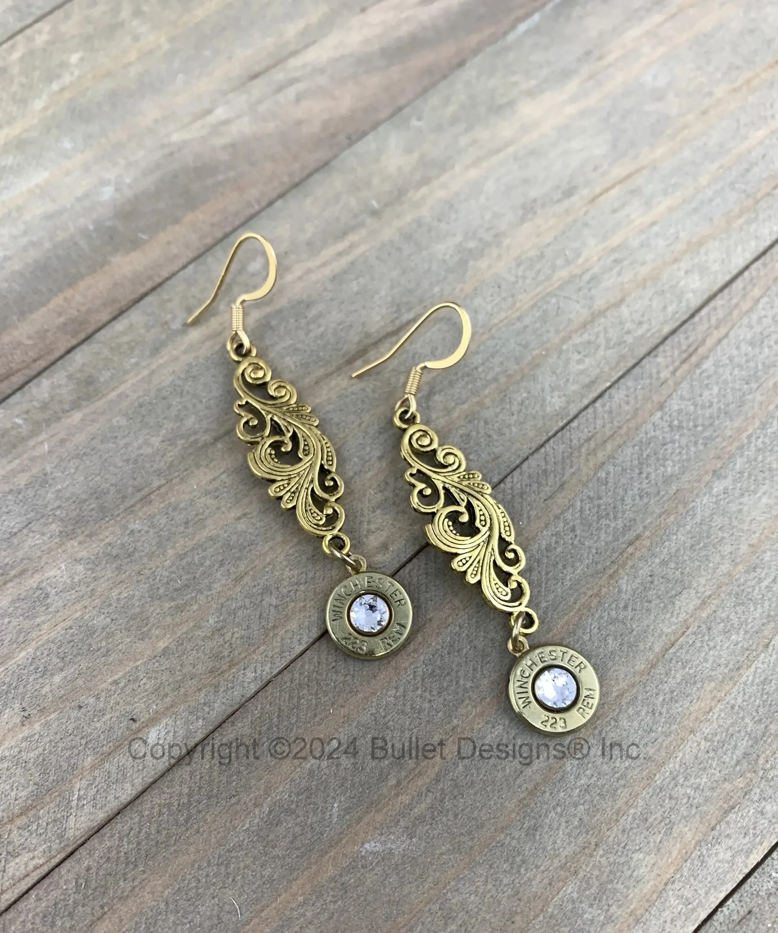 Dangle Bullet Earrings, 223 AR-15,  Peacock Swirl Design, Swarovski Crystals, Sterling Silver Ear Wires, , Silver or Gold Tone, Custom