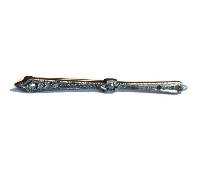 Etched Silver Flared Bar Pin Rhinestones circa 1890s