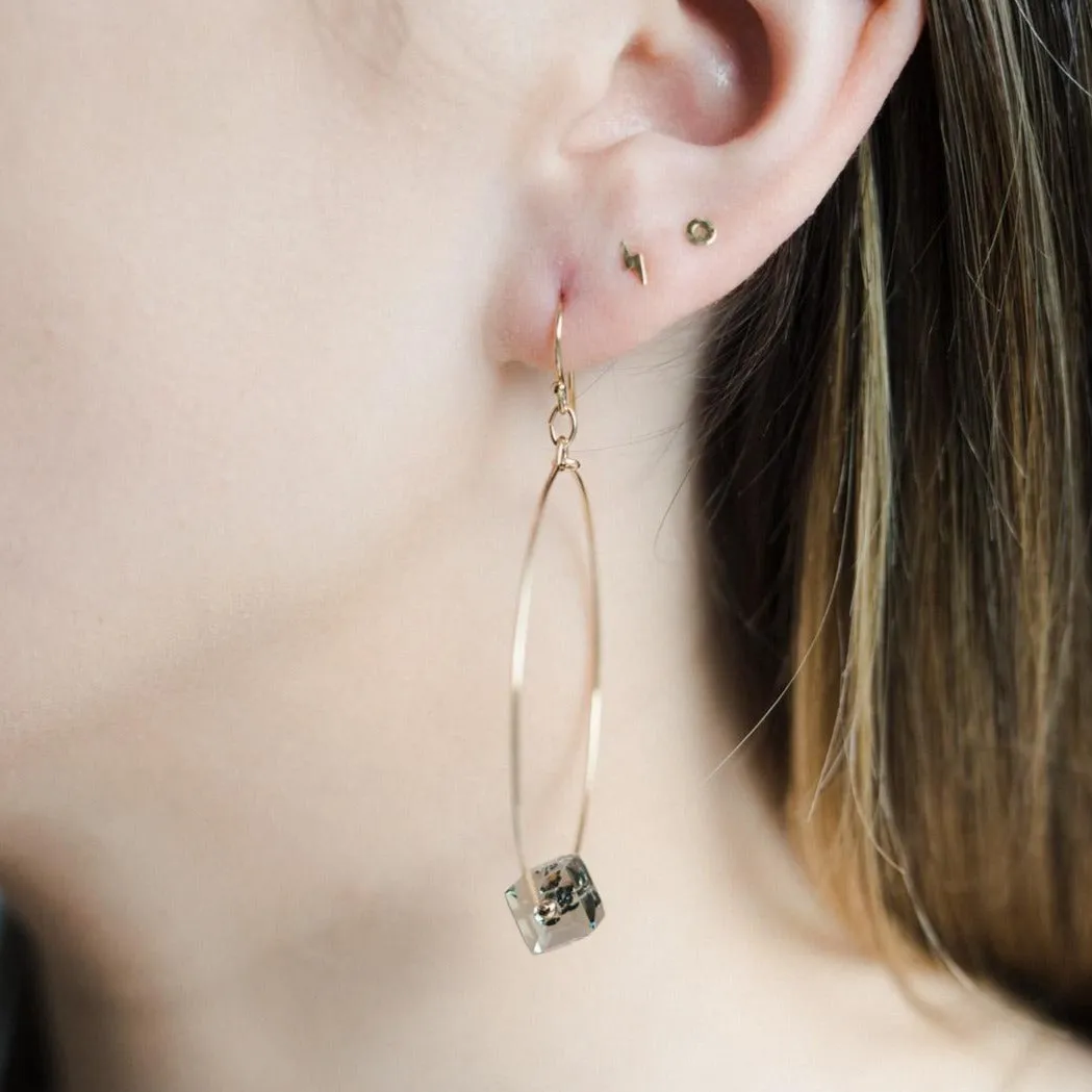 Gold Filled Black Diamond Grey Crystal Cube Hoops