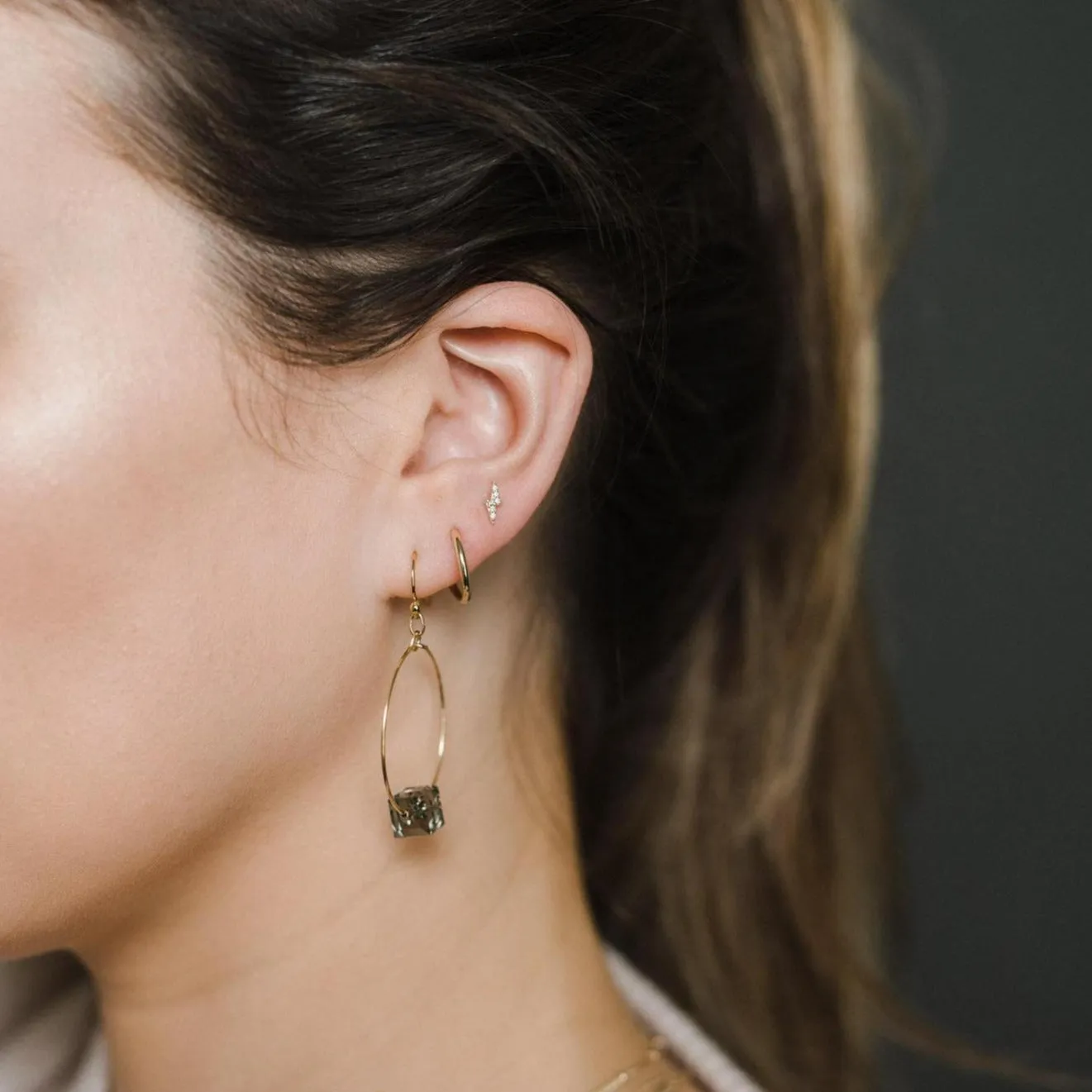 Gold Filled Black Diamond Grey Crystal Cube Hoops