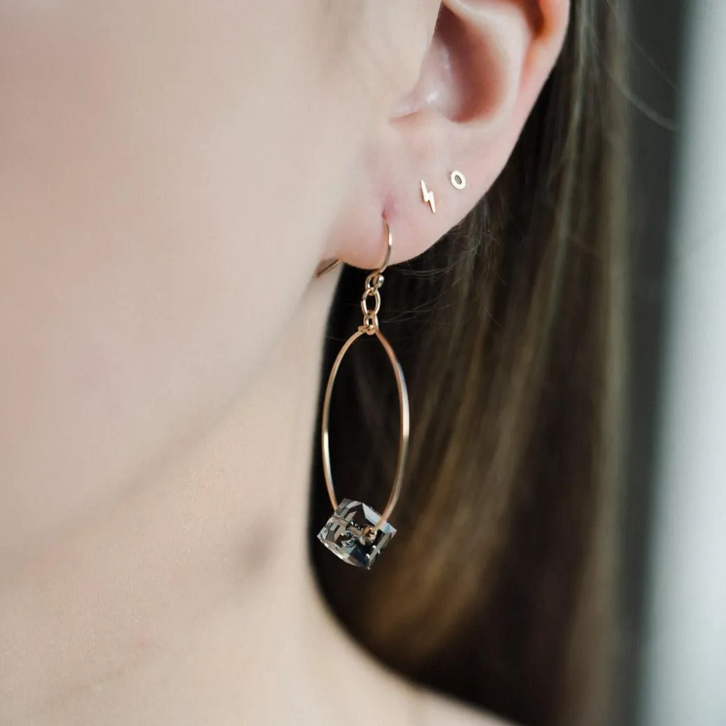 Gold Filled Black Diamond Grey Crystal Cube Hoops