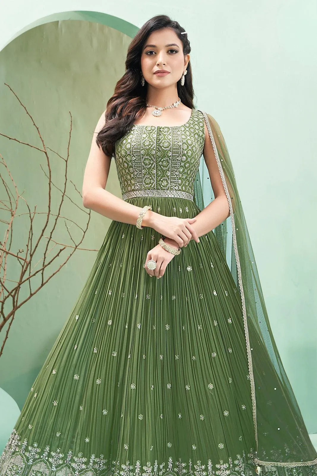 Green Sequins, Zari and Thread work Floor Length Anarkali Suit