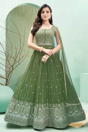 Green Sequins, Zari and Thread work Floor Length Anarkali Suit