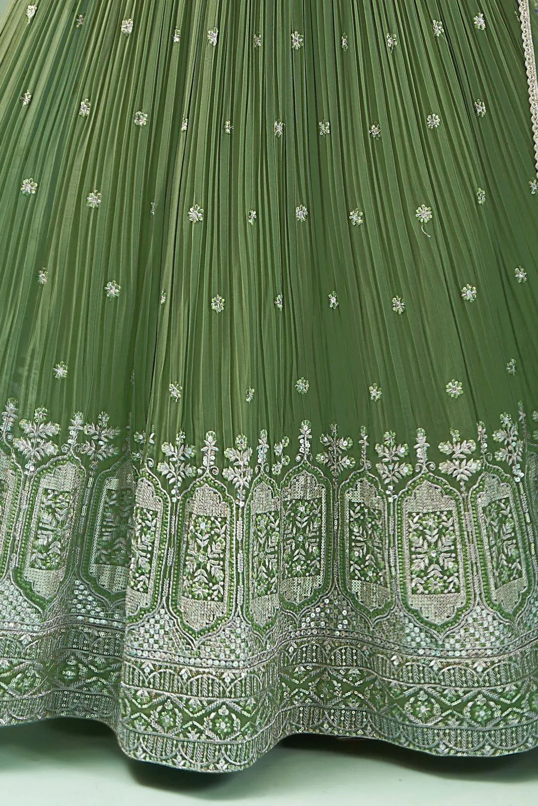 Green Sequins, Zari and Thread work Floor Length Anarkali Suit