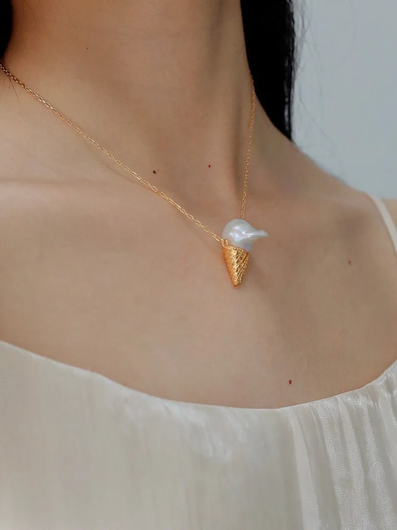 Ice Cream Baroque Pearl Chain Pendant Necklace