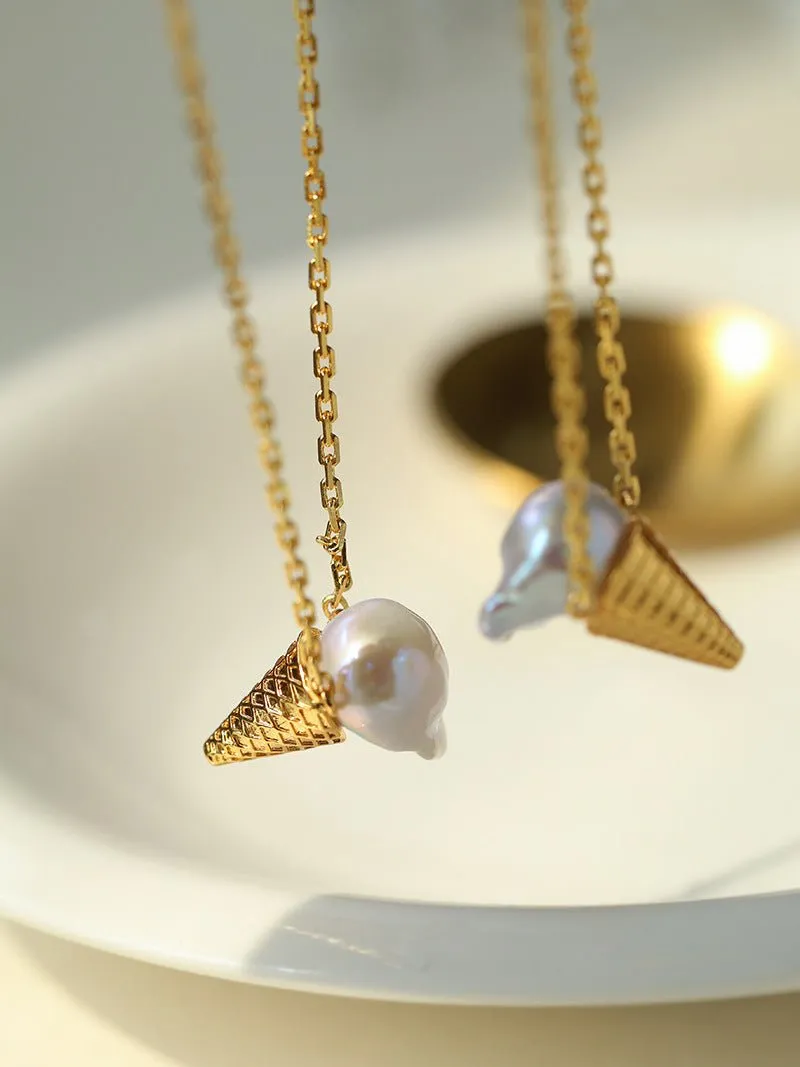 Ice Cream Baroque Pearl Chain Pendant Necklace