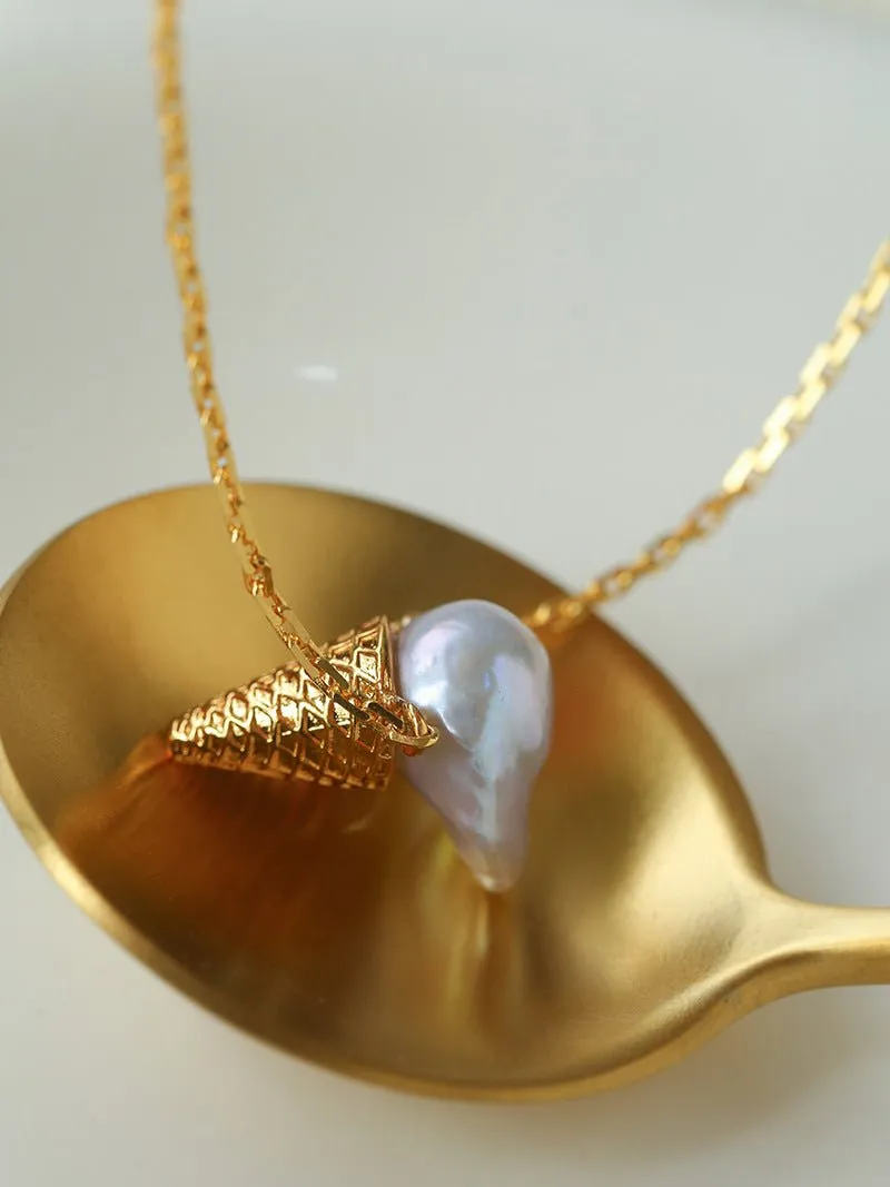 Ice Cream Baroque Pearl Chain Pendant Necklace