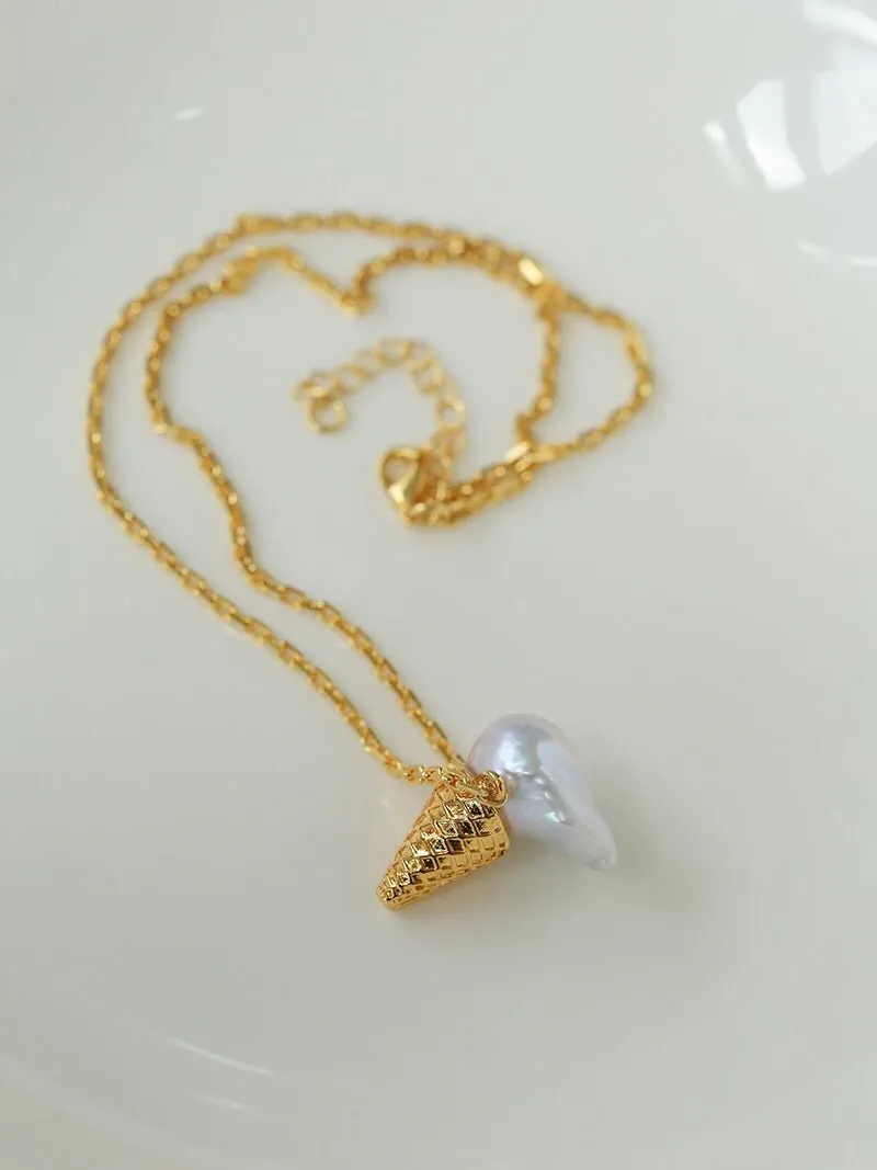 Ice Cream Baroque Pearl Chain Pendant Necklace