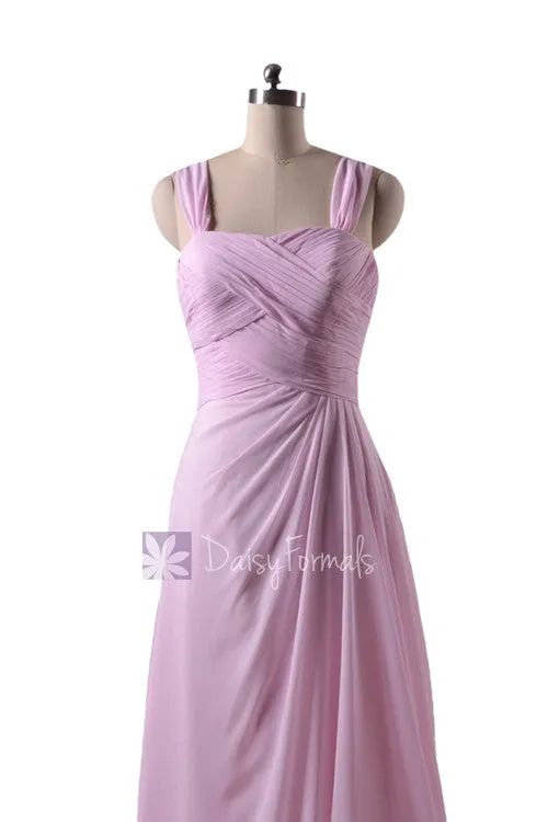 In stock,Ready to Ship - Floor Length Pink Chiffon Bridesmaid Dress W/ Straps (BM732L) - (#20 Ice Pink)