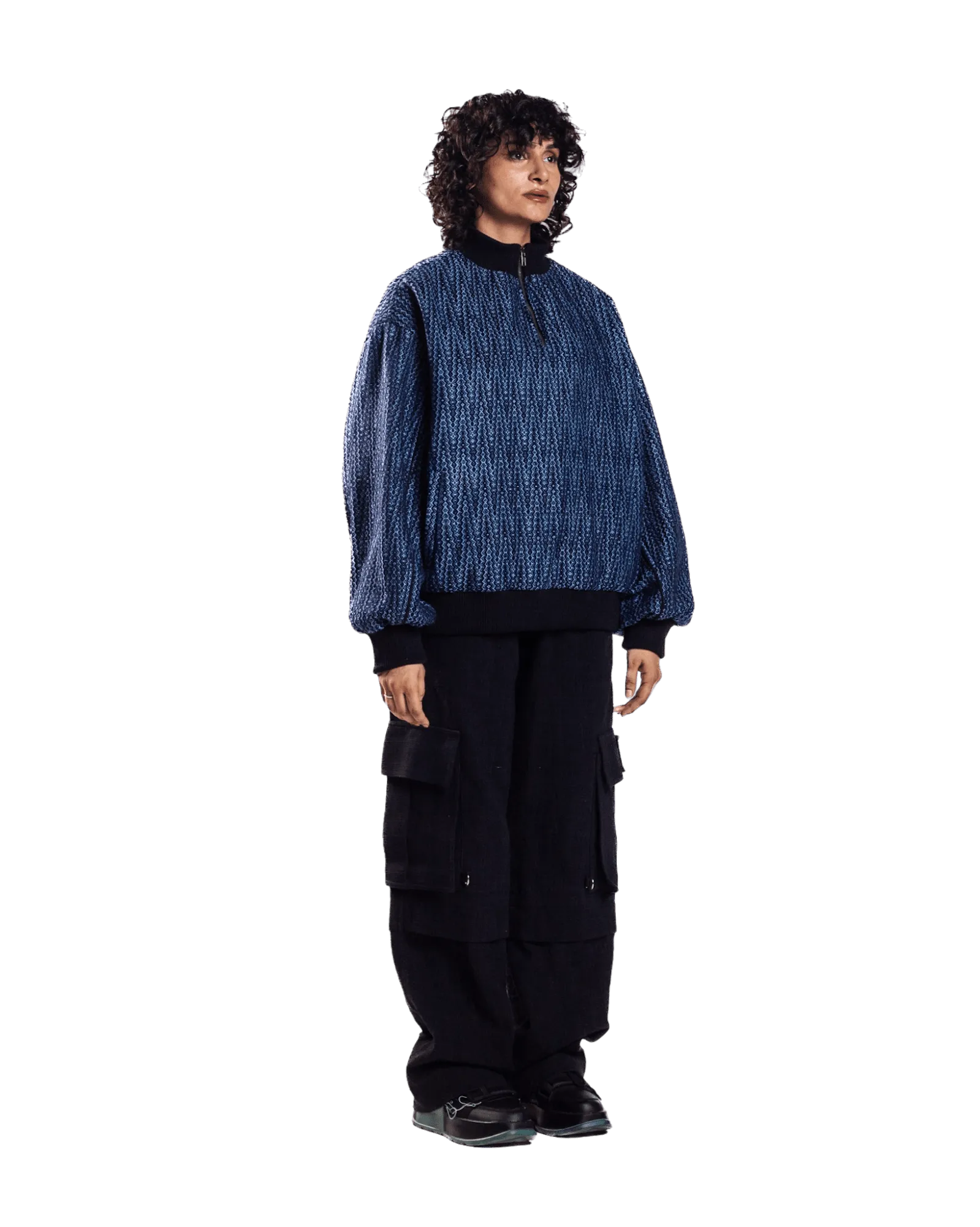 INDIGO HANDWOVEN DOBBY SWEATSHIRT