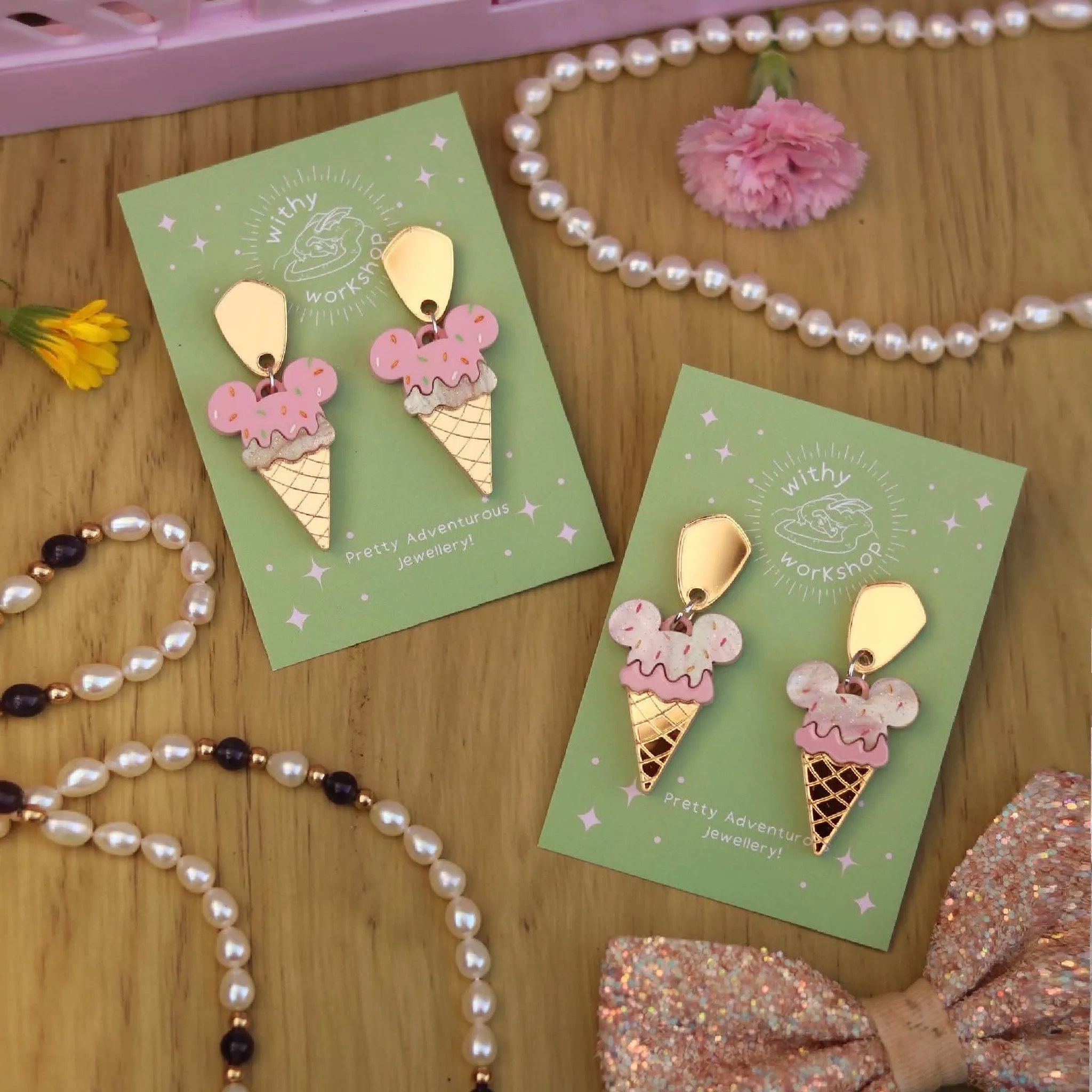 Mickey Ice Cream Earrings Strawberry Pink