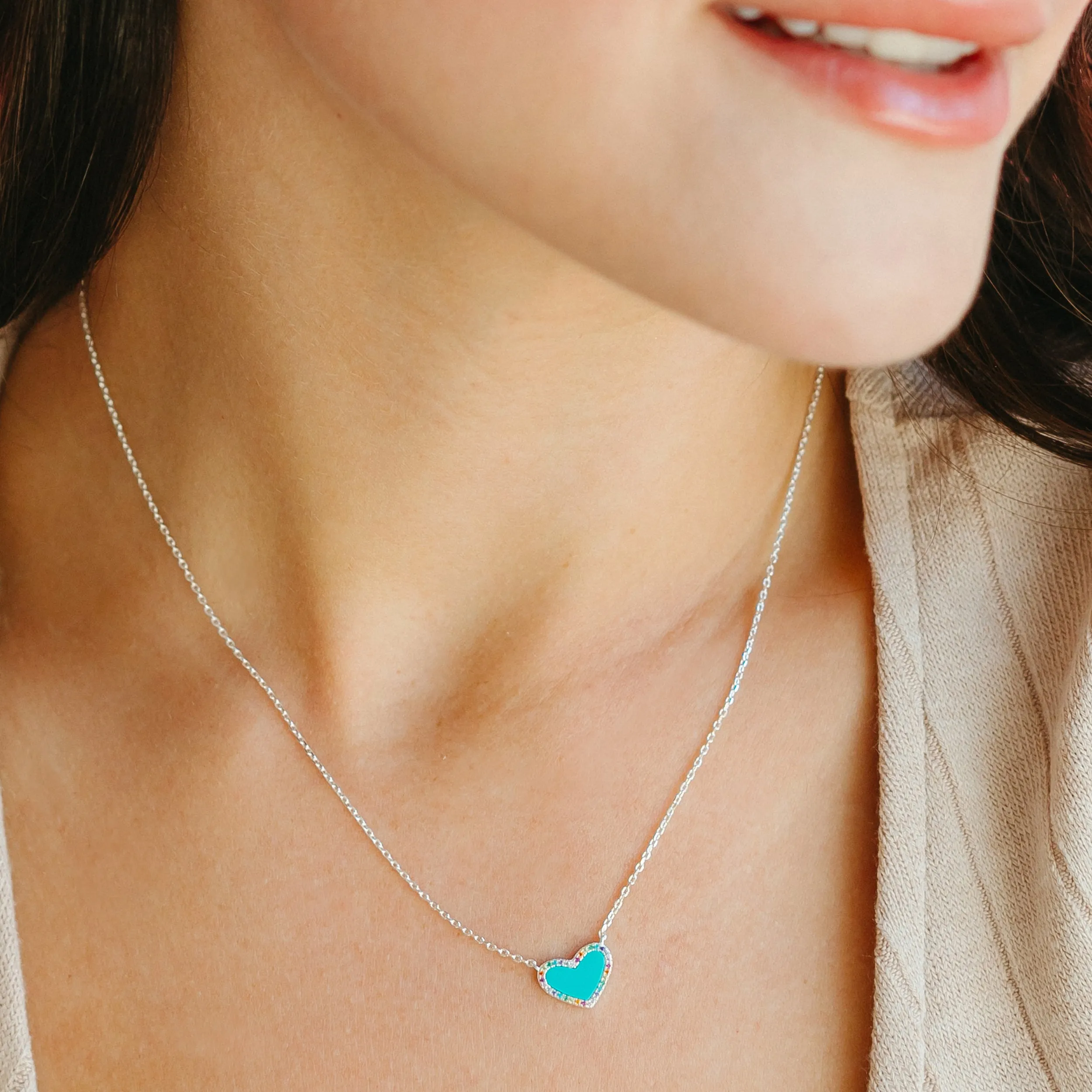 Mini Turquoise Heart Necklace with Rainbow Pave