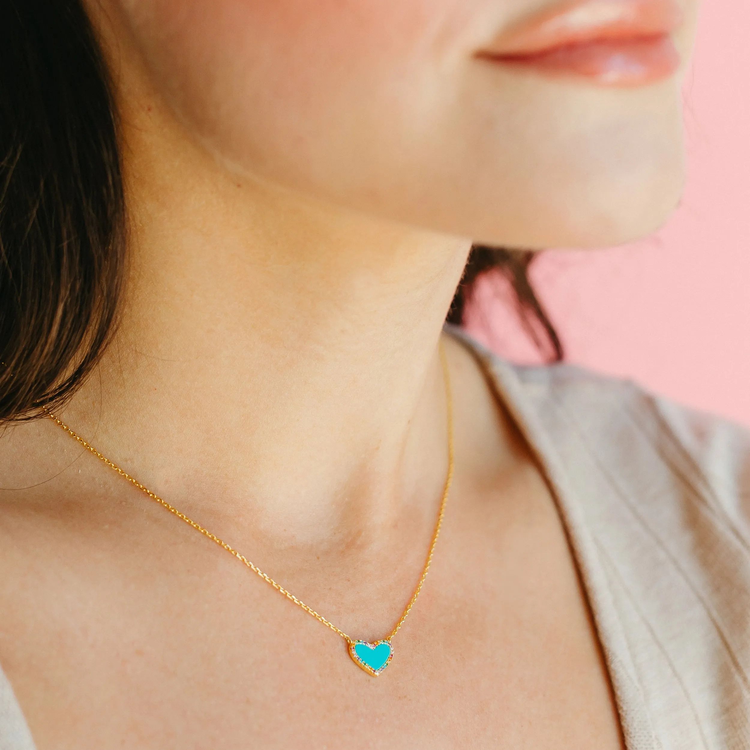 Mini Turquoise Heart Necklace with Rainbow Pave