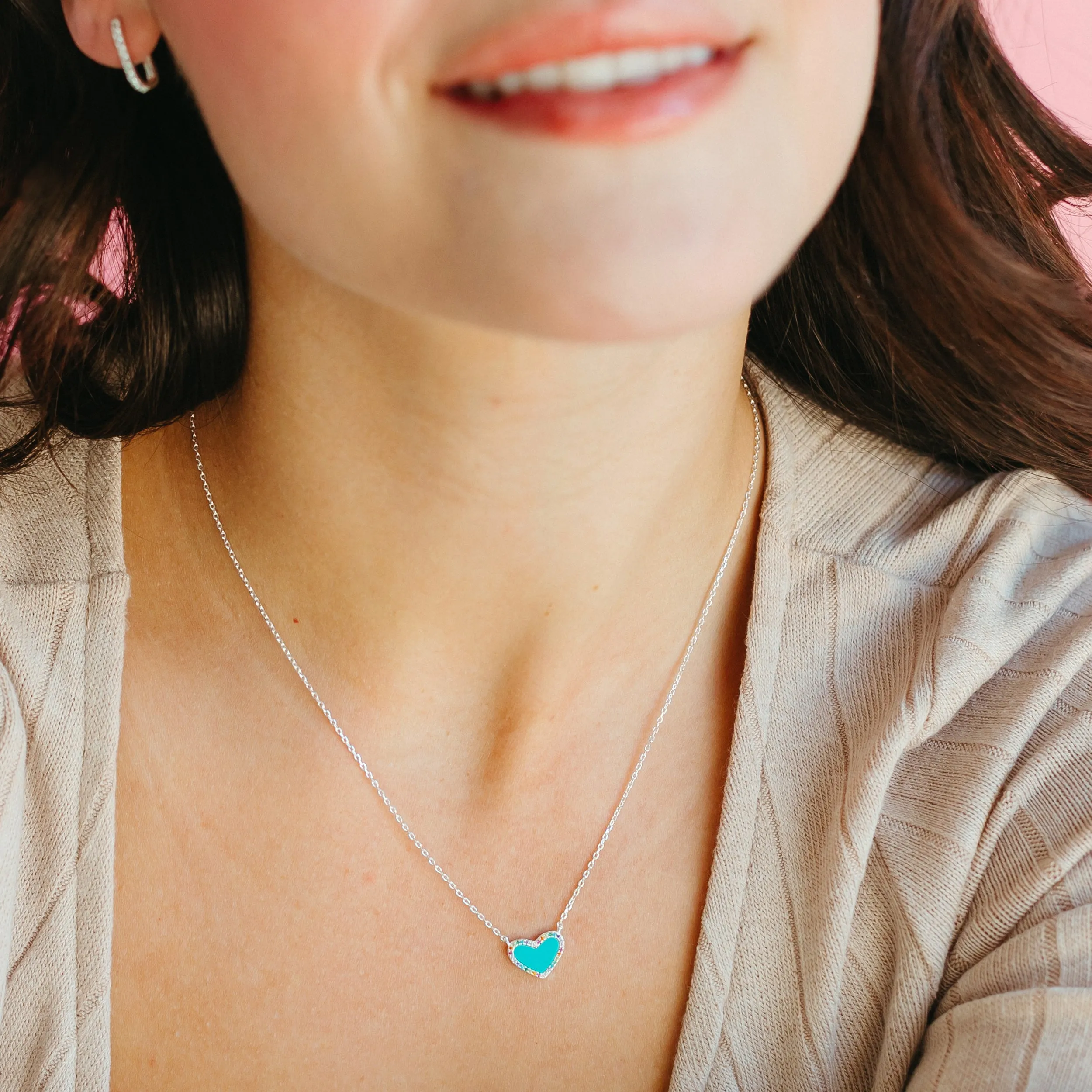 Mini Turquoise Heart Necklace with Rainbow Pave