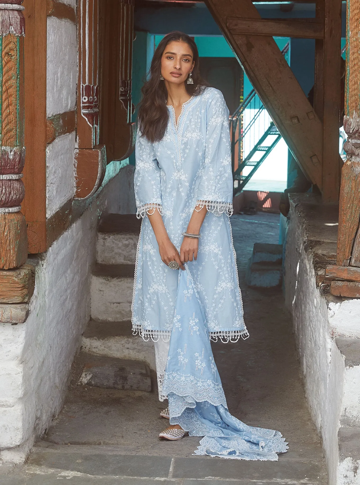 Mulmul Cotton Arki Blue Kurta With Rylee White Palazzo