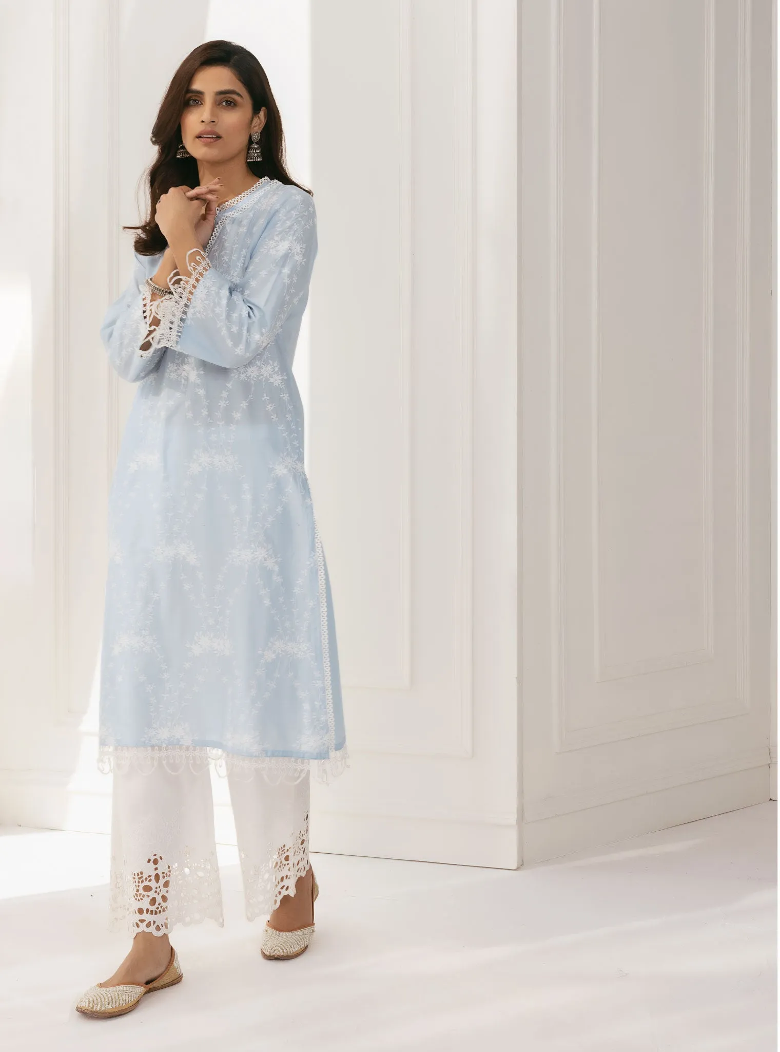 Mulmul Cotton Arki Blue Kurta With Rylee White Palazzo