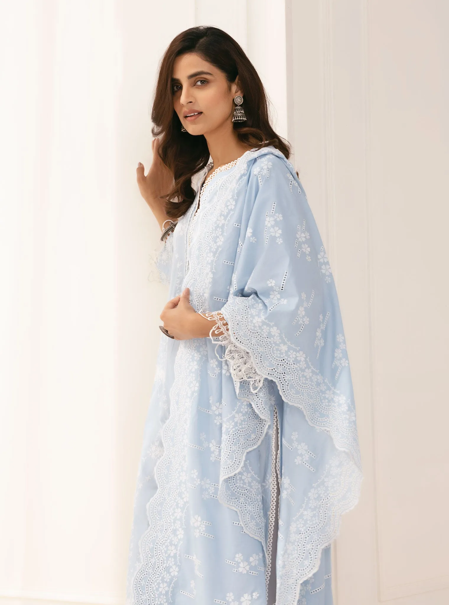 Mulmul Cotton Arki Blue Kurta With Rylee White Palazzo