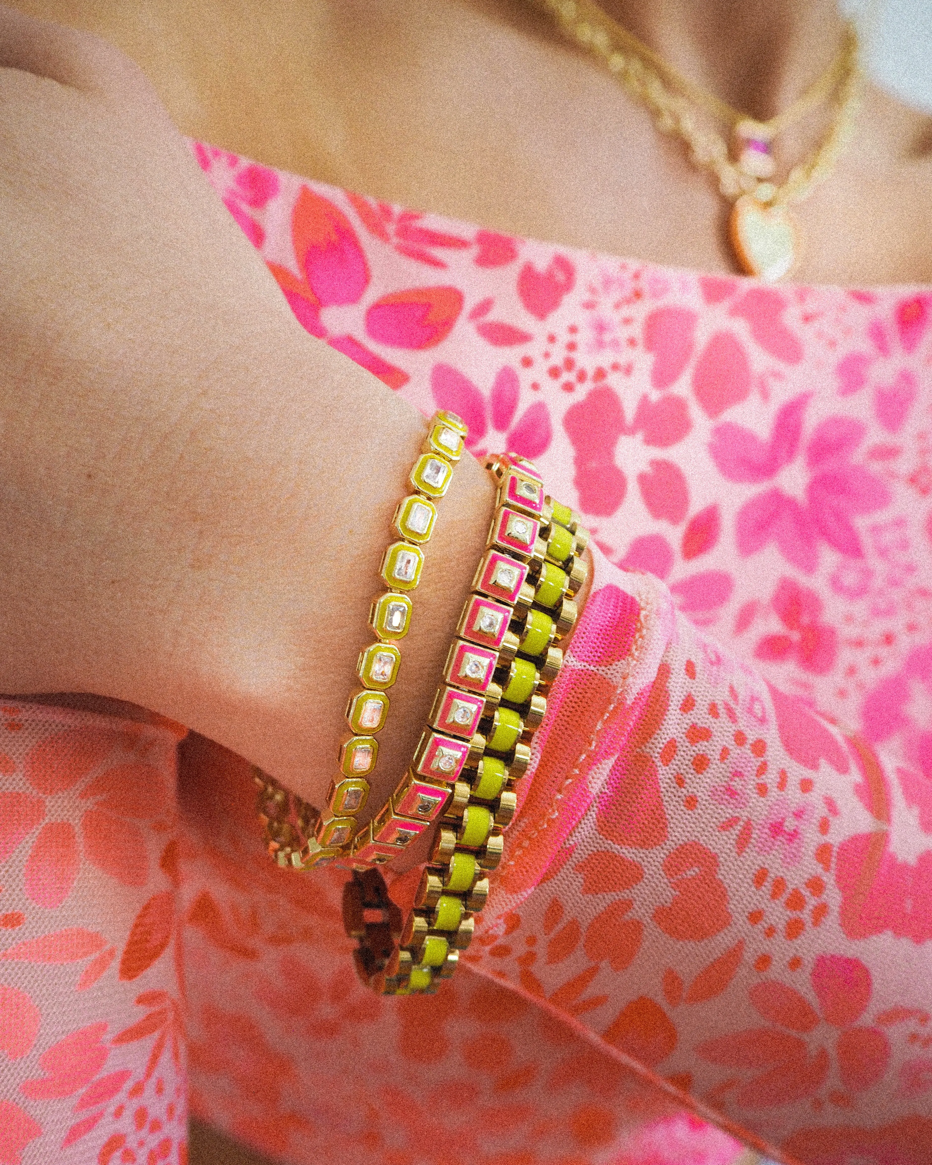 Pyramid Stud Tennis Bracelet- Hot Pink- Gold