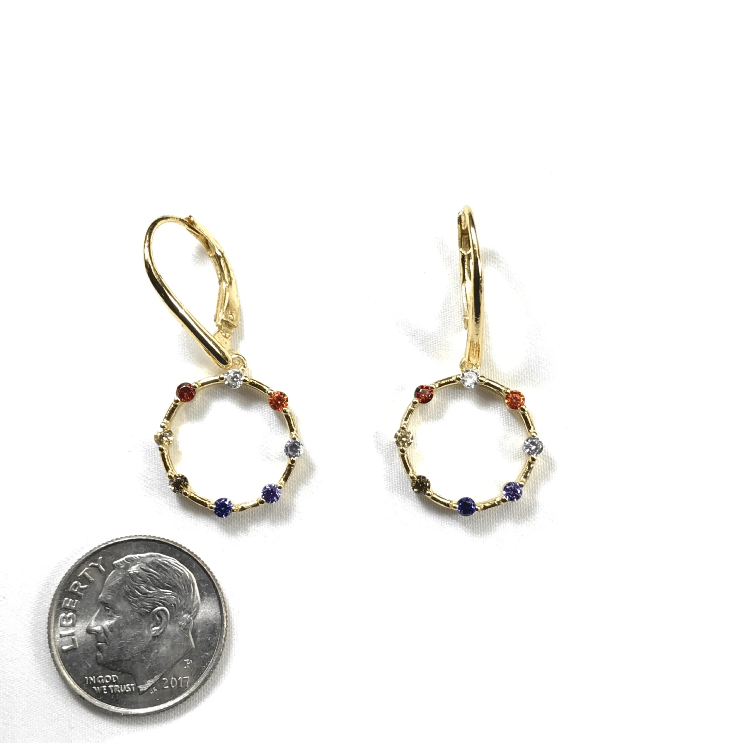 Rainbow CZ Open Circle Dangle Earrings