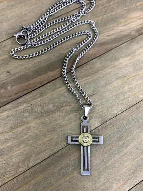 Stainless Steel Inset Men's Cross Bullet Necklace, Polished, Religious Necklace, Custom, 9MM, 380, 223, AR-15