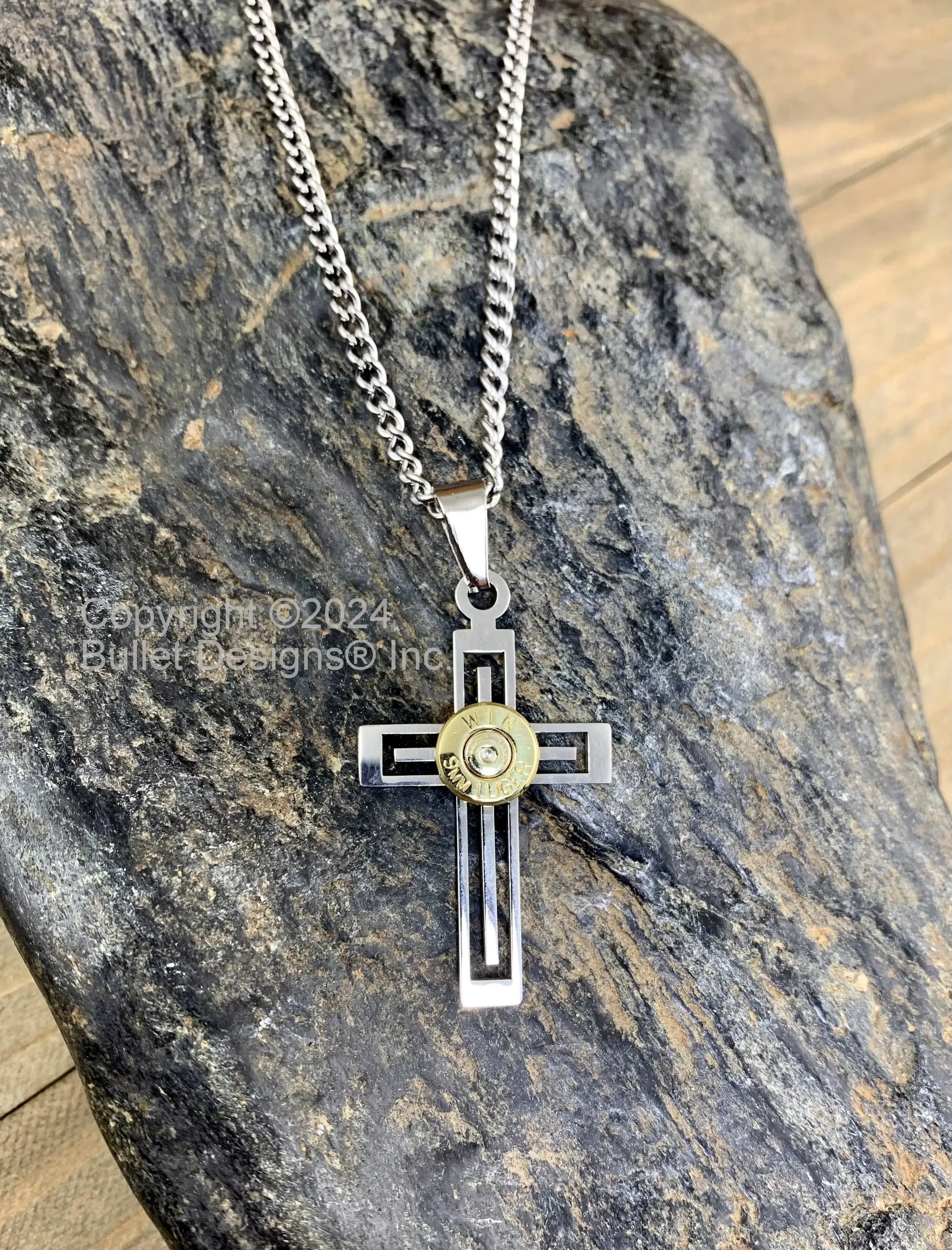 Stainless Steel Inset Men's Cross Bullet Necklace, Polished, Religious Necklace, Custom, 9MM, 380, 223, AR-15