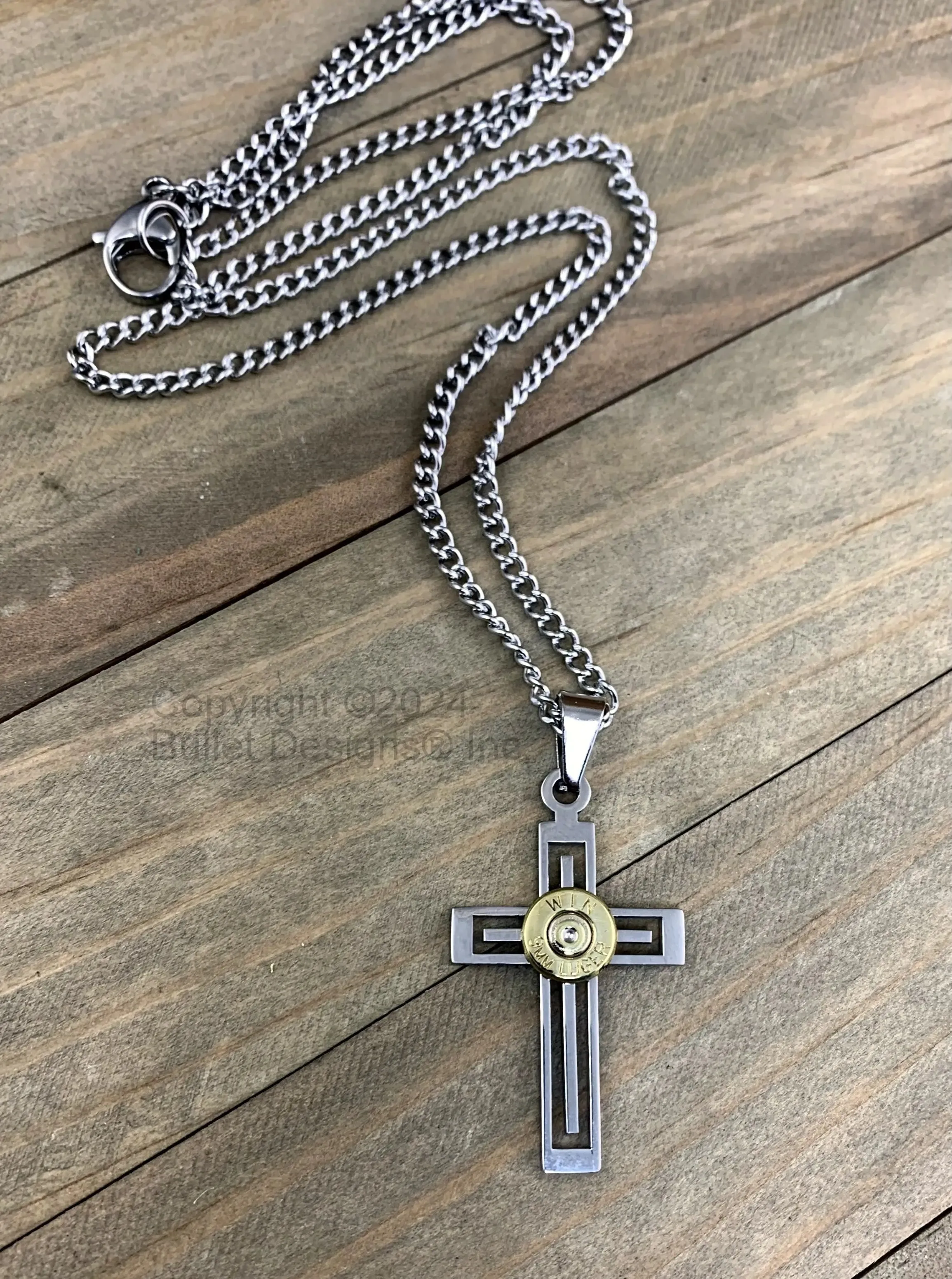 Stainless Steel Inset Men's Cross Bullet Necklace, Polished, Religious Necklace, Custom, 9MM, 380, 223, AR-15