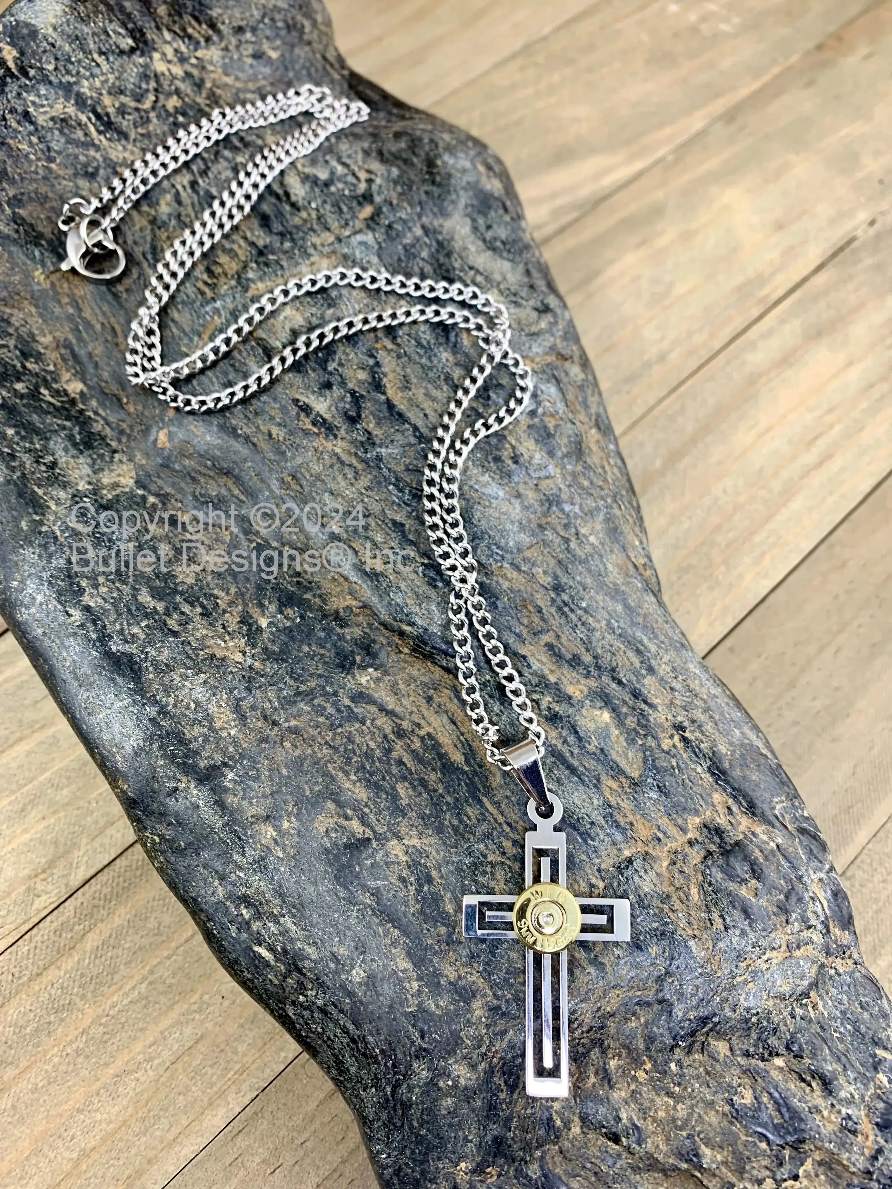 Stainless Steel Inset Men's Cross Bullet Necklace, Polished, Religious Necklace, Custom, 9MM, 380, 223, AR-15