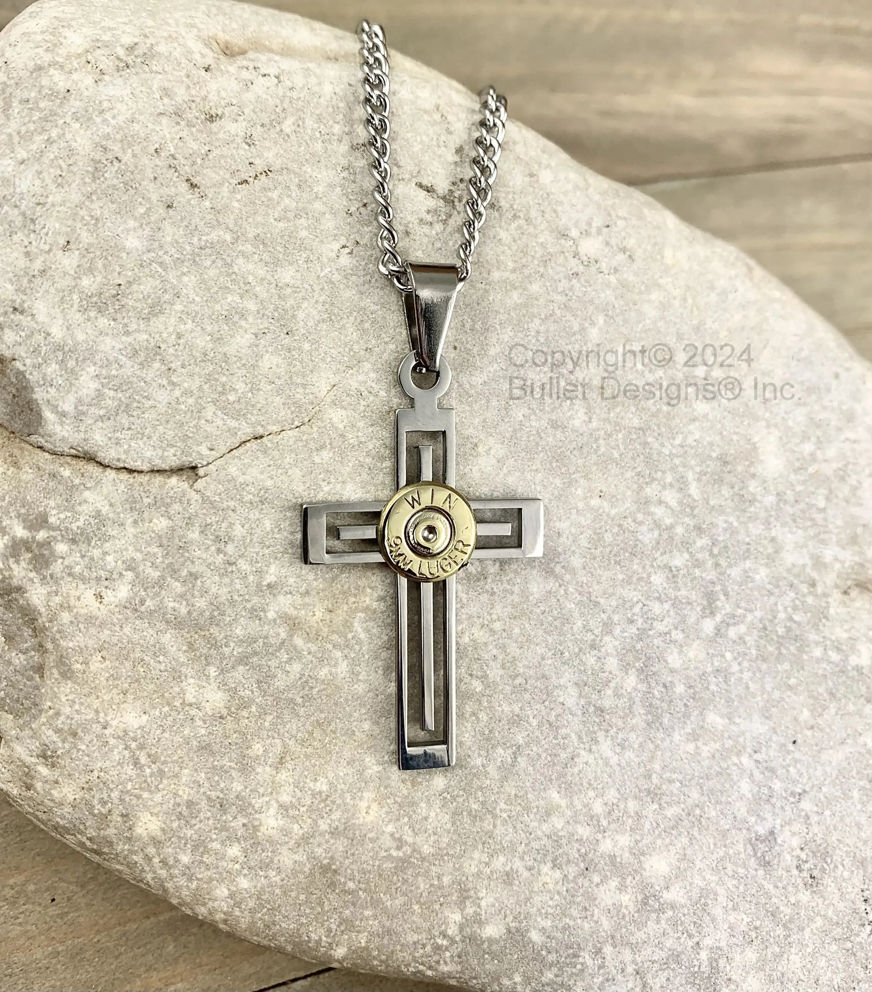 Stainless Steel Inset Men's Cross Bullet Necklace, Polished, Religious Necklace, Custom, 9MM, 380, 223, AR-15